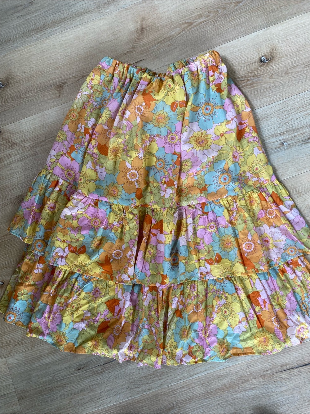 Hand made boho floral Tiered Midi Skirt in Yellow & Pink